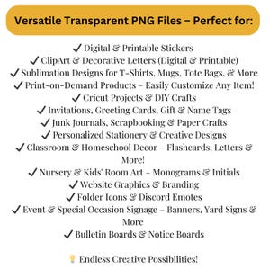 May include: A yellow banner with the text "Versatile Transparent PNG Files" lists uses for digital files, including stickers, clip art, sublimation designs, print-on-demand products, Cricut projects, invitations, and more. The image promotes creative possibilities.