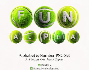 Alfabeto de pelota de tenis: Letras y números deportivos PNG (descarga digital)
