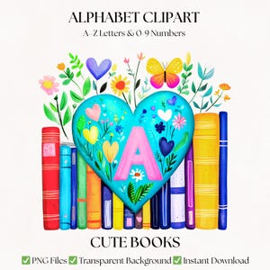 Book Clipart Alphabet Letters and Numbers | Fancy Bookish Design Fonts | Colourful Library Lettering