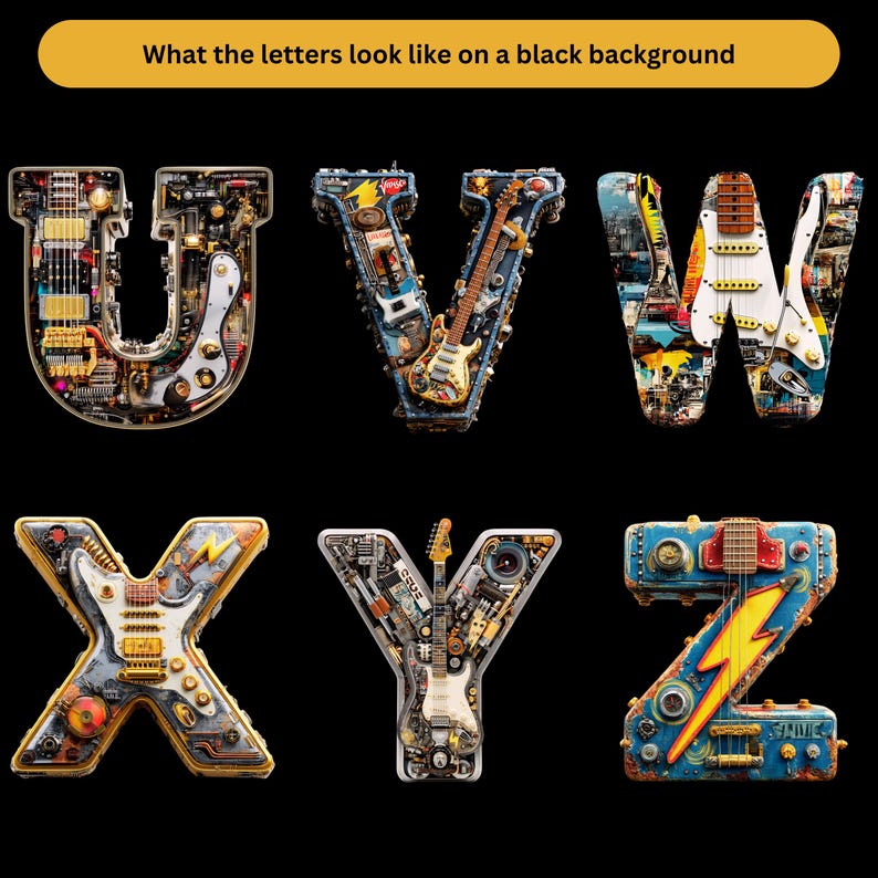 May include: Six letters of the alphabet, U, V, W, X, Y, and Z, are displayed against a black background. Each letter is designed with a unique combination of musical instruments and mechanical components. The image includes the text: "What the letters look like on a black background."