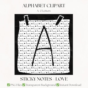 Letras del alfabeto con diseño de notas adhesivas de amor / Fuente PNG en blanco y negro / Elementos para álbumes de recortes (Descarga digital)