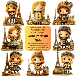 Paris PNG Clipart Alphabet Letters, Cute Girl Clip Art, Parisian Whimsical Illustrations, French Design Eiffel Tower Travel Vacation Images