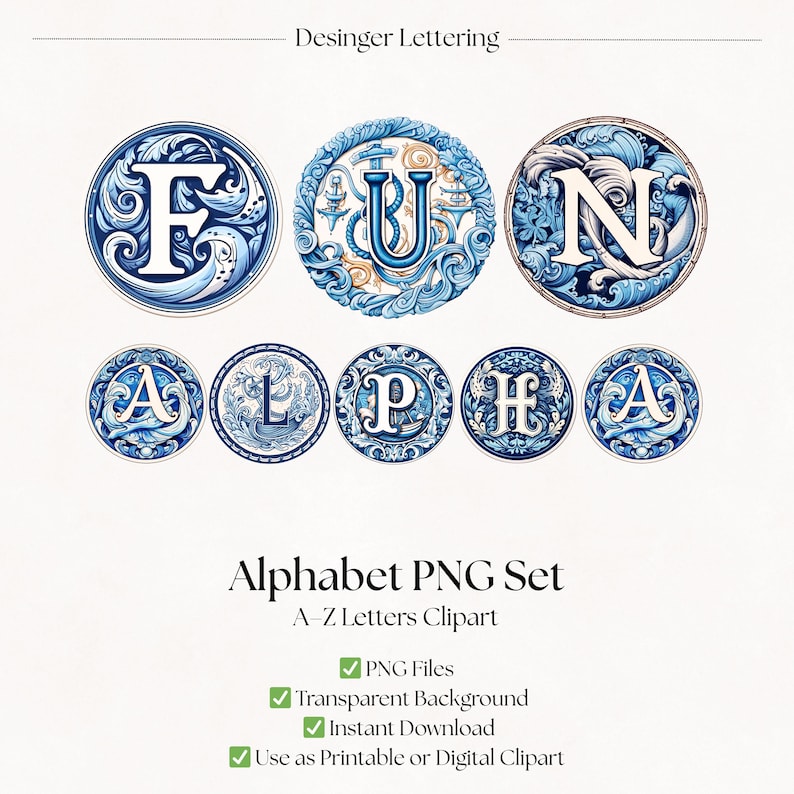 Nautical PNG Alphabet Clipart | Blue & White Sailing Letters | Ocean Typography (Digital Download) image 1