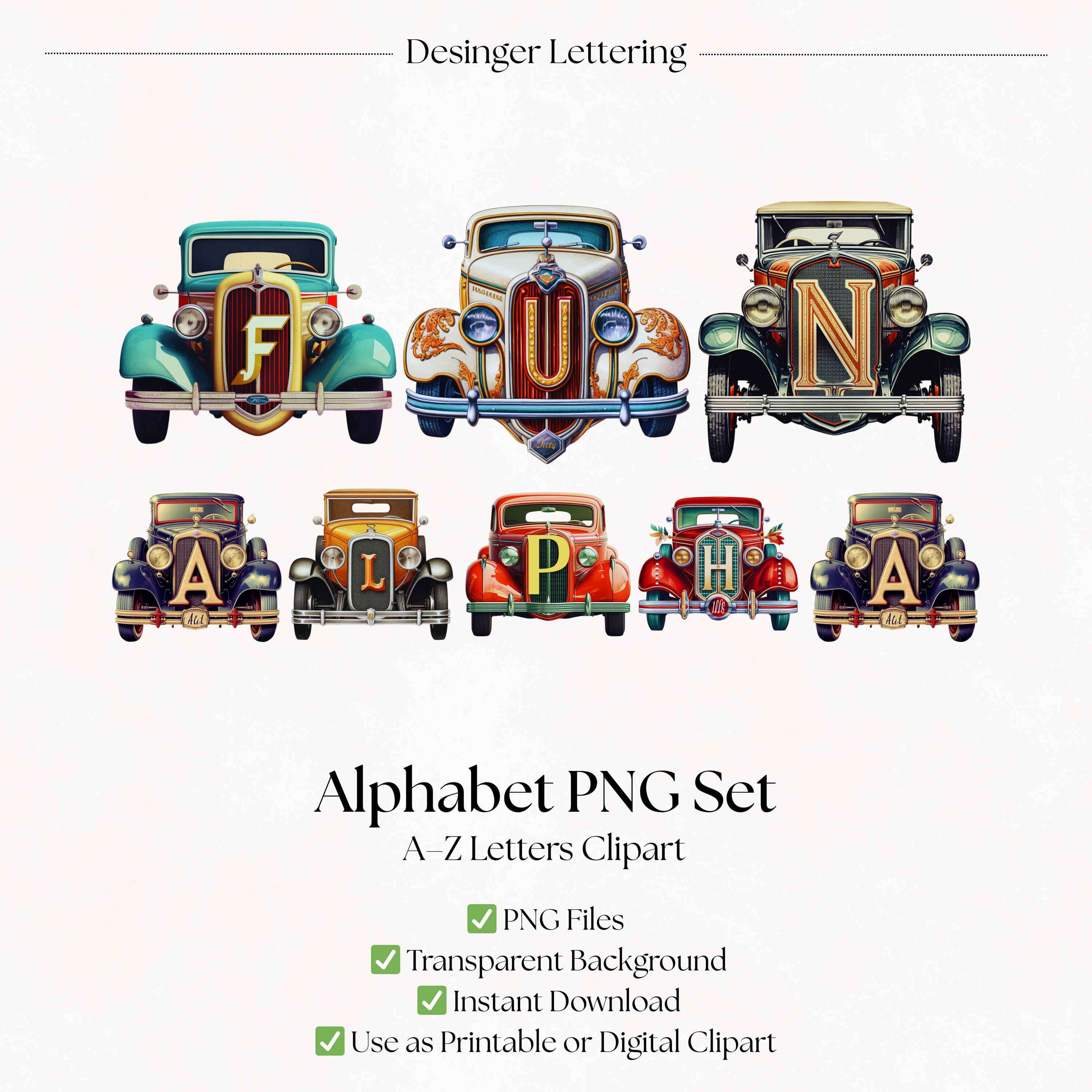 Vintage Car Clipart Alphabet Letters | PNG Vehicle Fonts | Transport ...