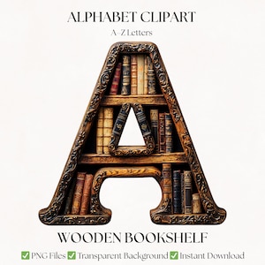 Wooden Bookshelf Alphabet PNG Images | Vintage Library and Book Clipart Letters | Digital Download