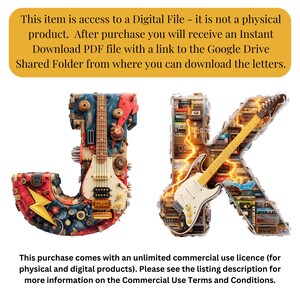 May include: Digital file featuring the letters "J" and "K", each creatively designed with a guitar theme. The "J" is red, blue, and gold, while the "K" has a yellow and white guitar. The image includes text about digital file access and commercial use.