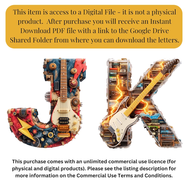 May include: Digital file featuring the letters "J" and "K", each creatively designed with a guitar theme. The "J" is red, blue, and gold, while the "K" has a yellow and white guitar. The image includes text about digital file access and commercial use.