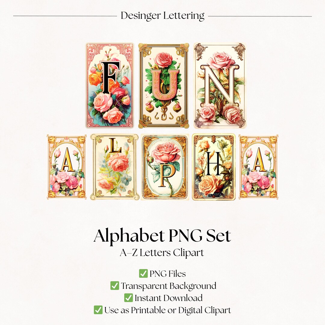 Vintage Rose Clipart PNG Letters | Pink Floral Alphabet Fonts | Flower ...