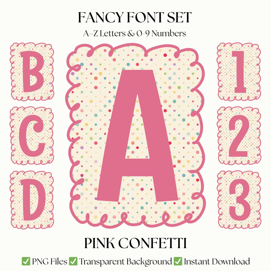 Pink Confetti Letters & Numbers | Scalloped Border PNG Font Set | Cute ...