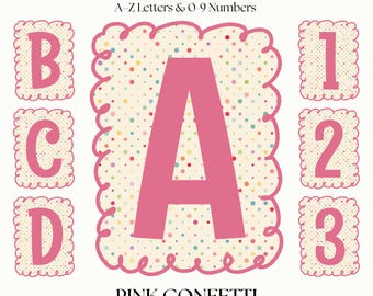 Pink Confetti Letters & Numbers | Scalloped Border PNG Font Set | Cute Clipart Alphabet | Fancy Monogram Initials