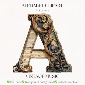 Musik Clipart Alphabet Buchstaben | Retro Musikschrift PNG-Dateien | Digitaler Download Typografie Bild 1