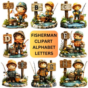 Letras del alfabeto de imágenes prediseñadas de pescador / Imágenes prediseñadas PNG de pesca de dibujos animados, letras elegantes para imprimir y digitales, fuente de regalo de pescador / Imágenes prediseñadas de pesca