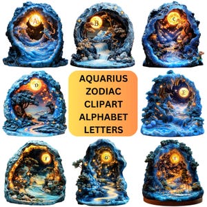 Aquarius Zodiac Clipart Alphabet Letters | Celestial PNG Clip Art for Printable & Digital Use | Zodiac Star Sign Images | Astrology Clipart