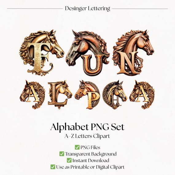 Horse Clipart Alphabet Letters | Bronze Western PNG Font Files 