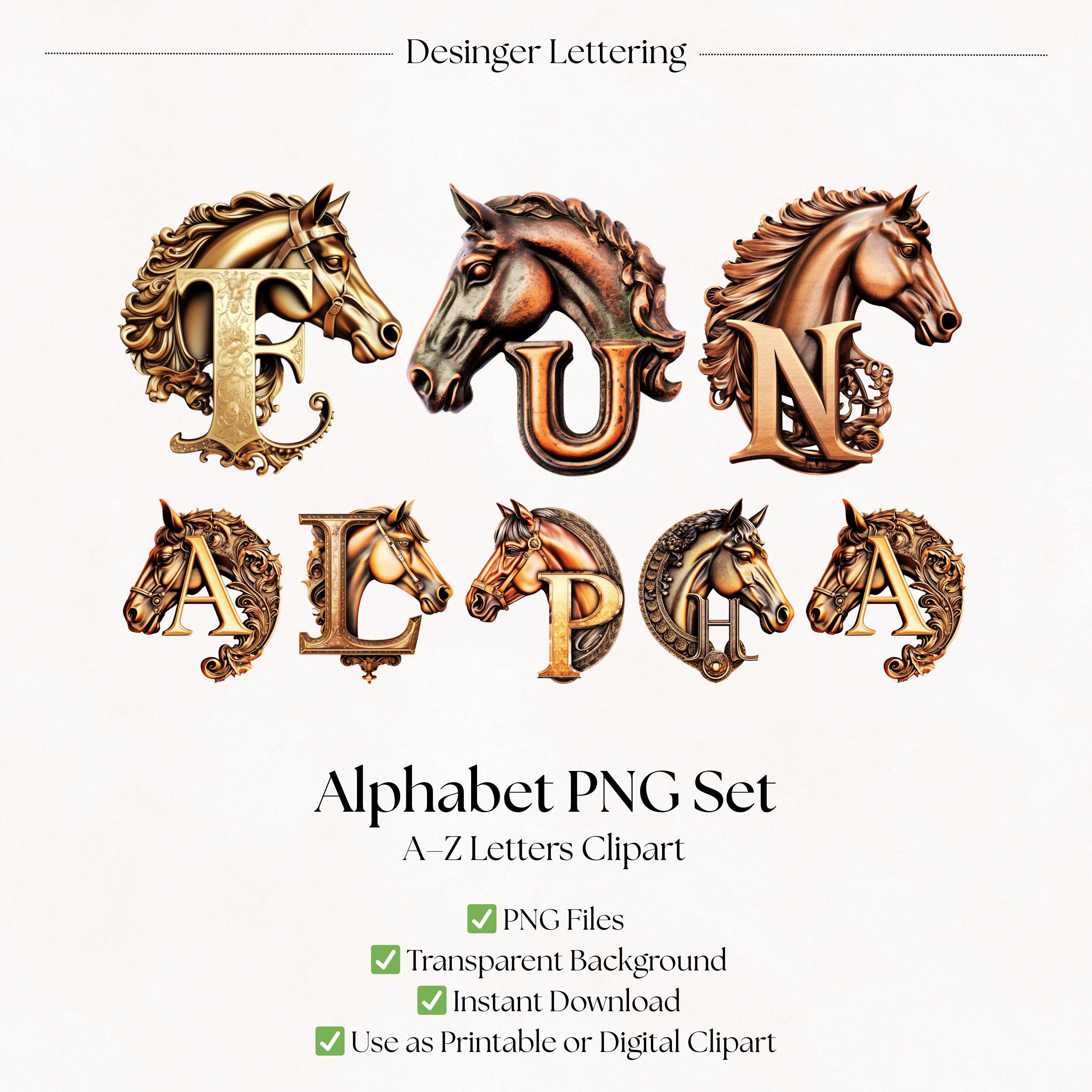 Horse Clipart Alphabet Letters | Bronze Western PNG Font Files 