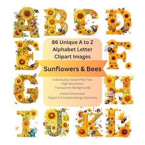 Bee and Sunflower Clipart Alphabet Letters PNG Files for Floral Digital Download, Scrapbooking Flower Ephemera, Junk Journal, Cricut Crafts