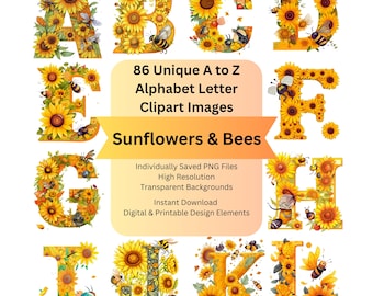 Bee and Sunflower Clipart Alphabet Letters PNG Files for Floral Digital Download, Scrapbooking Flower Ephemera, Junk Journal, Cricut Crafts