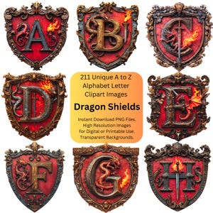 Dragon and Sword Shield Clipart Alphabet Letters, Medieval Viking Knight Armor PNG Images, Fantasy DIY Arts & Crafts Mystical Dragons Images