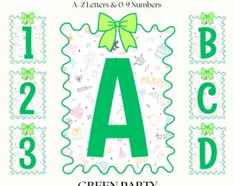 Cute Bow Letter & Numbers | Green Party Alphabet PNG Fonts | Decorative Clipart Lettering | Digital Download