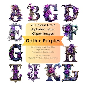 Gothic Clipart Alphabet Letters PNG Files for Purple Rose Floral Digital Download, Scrapbooking Ephemera, Junk Journal, Cricut DIY Crafts