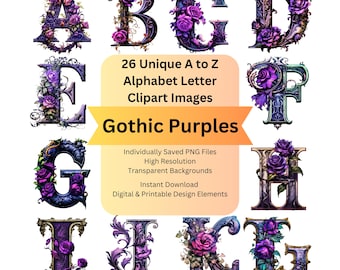 Gothic Clipart Alphabet Letters PNG Files for Purple Rose Floral Digital Download, Scrapbooking Ephemera, Junk Journal, Cricut DIY Crafts
