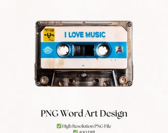 Cassette Tape PNG Clipart | 80s 90s Retro Music Word Art Design | Digital Download