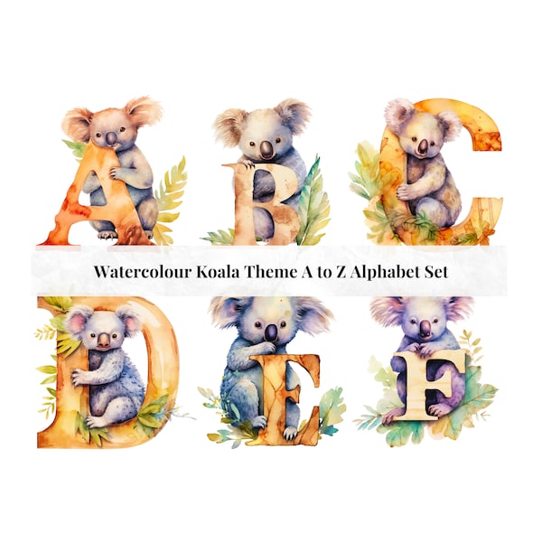 Koala Clipart Animal Alphabet Letters PNG for Instant Download Watercolor Letters, Cute Fonts for Cricut Designs, Card Making & Scrapbooking