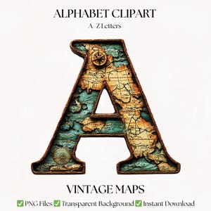 Map Alphabet Clipart | PNG Letter Set for Classroom Decor & Travel Journals | Digital Download