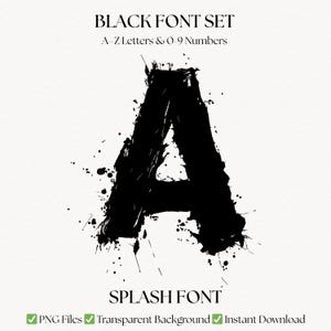 Paint Splash Font | Grunge Black Ink Clipart Alphabet Letters | Transparent PNG Lettering | Digital Download