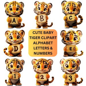 Joli bébé tigre Clipart animaux lettres et chiffres pour clipart imprimable et numérique, superpositions, onglets, sublimation, conceptions Cricut Silhouette