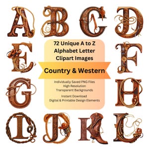 AZ Letters to Print Western Theme Fonts Clipart Alphabet PNG Files for Digital Download, Scrapbooking, Junk Journal, Cricut DIY Arts Crafts