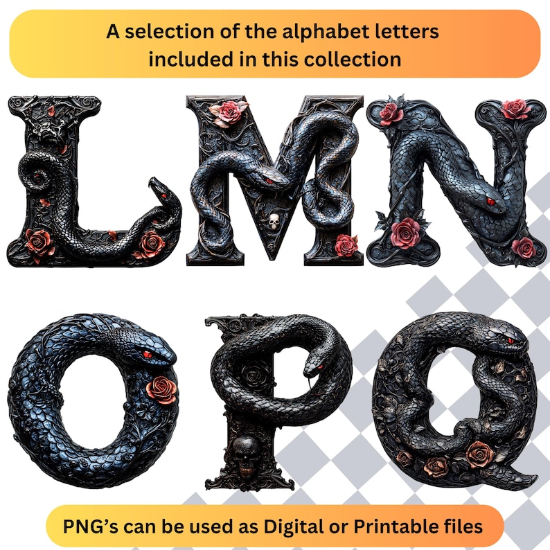 May include: A selection of the alphabet letters L, M, N, O, P, and Q. Each letter is formed by a black snake wrapped around a dark, gothic-style frame with red roses and other details.