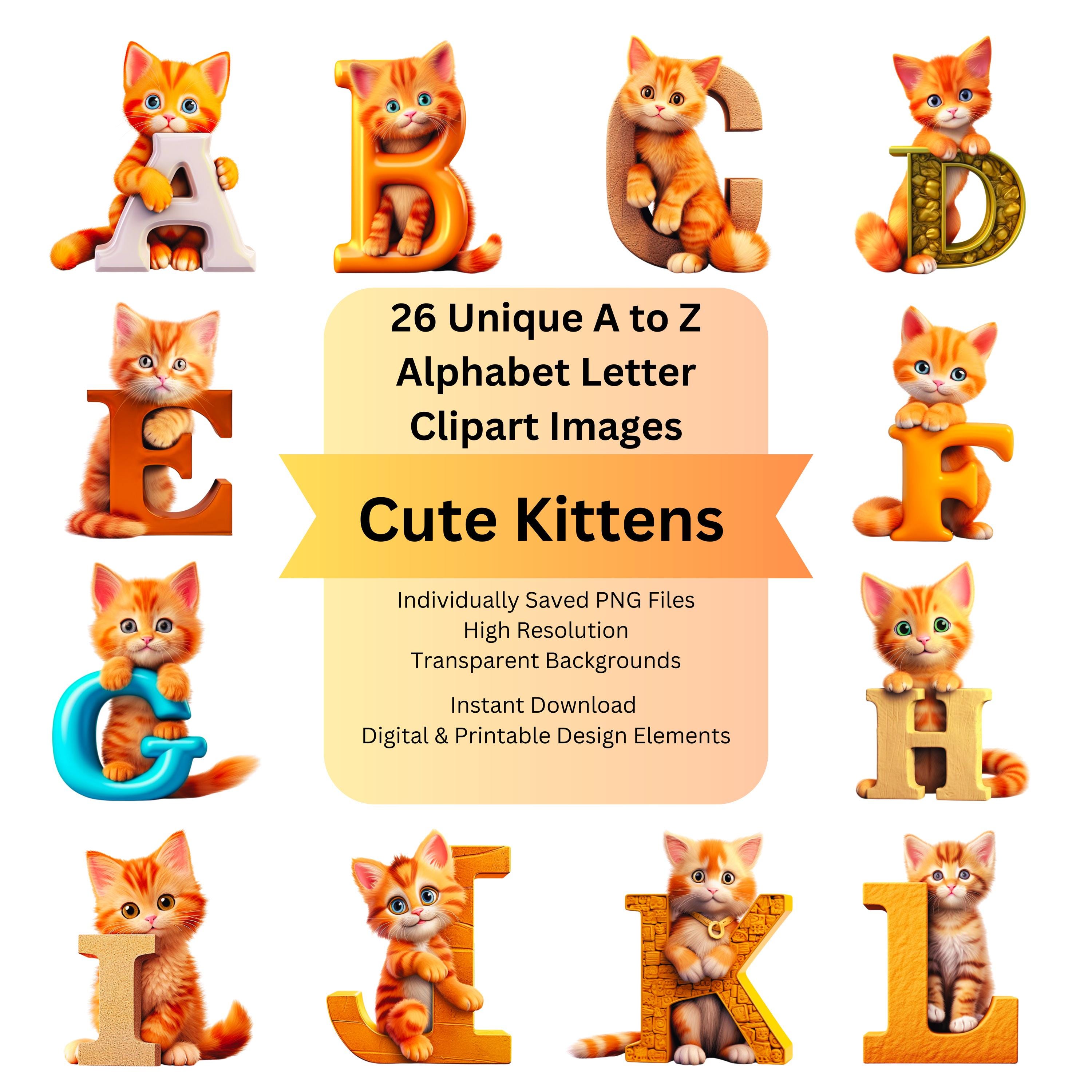 Cat Digital Clipart Alphabet Letters PNG for Cute Fonts for Cricut, Instant Download Commercial Use Design Elements, DIY Arts and Crafts