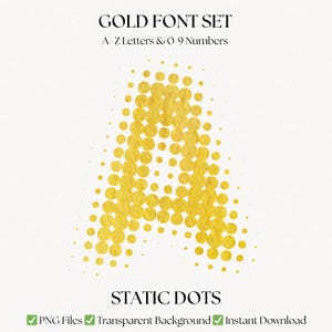 Può includere: Una lettera "A" dorata composta da cerchi puntinati. L'immagine fa parte di un set di caratteri dorati, che include lettere e numeri. Il testo "STATIC DOTS" è sotto la lettera. L'immagine include anche il testo "PNG Files", "Transparent Background" e "Instant Download".