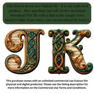Puede incluir: Archivo digital con las letras 'J' y 'K' adornadas con dise&ntilde;os de nudos celtas en verde, dorado y marr&oacute;n. Las letras incorporan notas musicales en el dise&ntilde;o. La imagen incluye texto sobre el archivo digital y la licencia de uso comercial.
