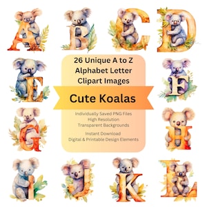 Koala Clipart Animal Alphabet Letters PNG for Instant Download Watercolor Letters, Cute Fonts for Cricut Designs, Card Making & Scrapbooking