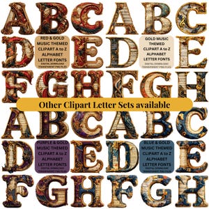 May include: A collection of ornate alphabet letters in various colors, including red, gold, purple, and blue. Each letter features a musical theme with sheet music and decorative elements. Text on the image includes "Red & Gold Music Themed" and "Other Clipart Letter Sets available."
