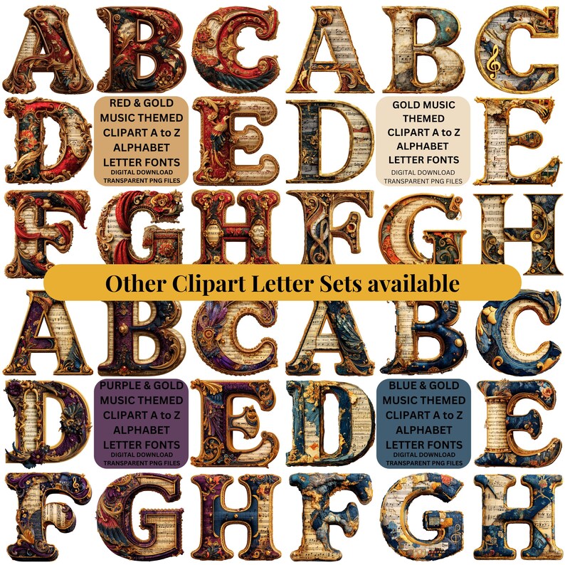 May include: A collection of ornate alphabet letters in various colors, including red, gold, purple, and blue. Each letter features a musical theme with sheet music and decorative elements. Text on the image includes "Red & Gold Music Themed" and "Other Clipart Letter Sets available."