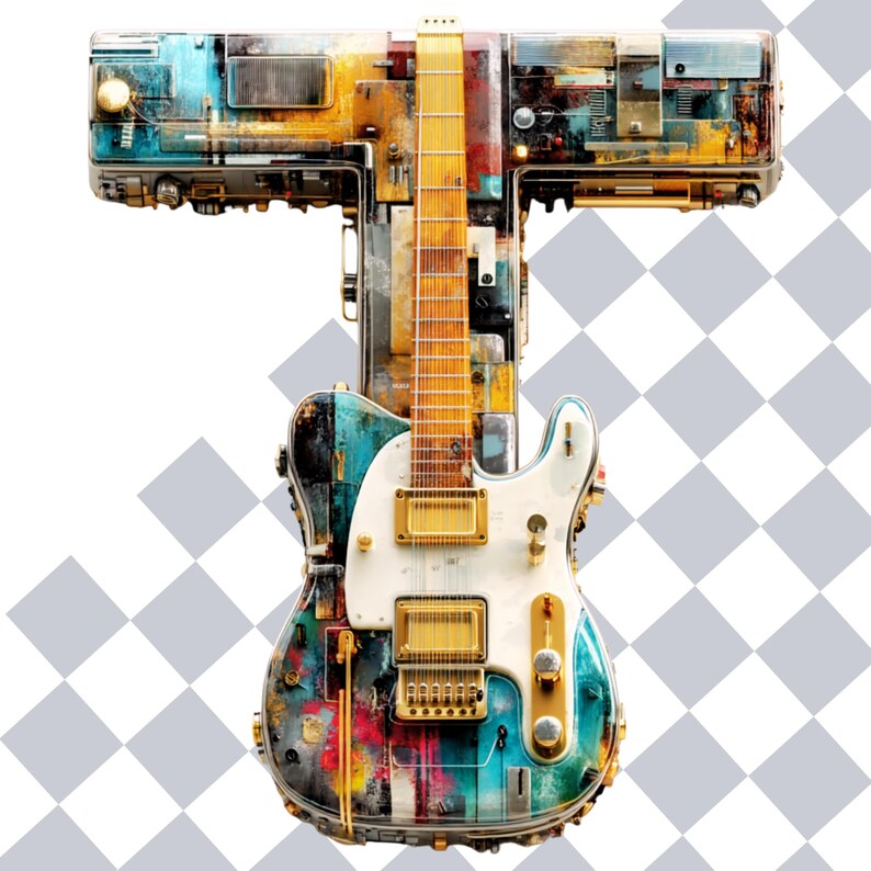 May include: A stylized electric guitar with a white body, gold hardware, and a colorful, textured finish. The guitar is integrated into a mechanical, industrial-style structure, with a checkerboard background.