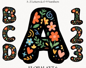 Retro Floral PNG Font Bundle | Alphabet Letters & Numbers Clipart | Flower Monogram Initials | Ransom Stye Lettering
