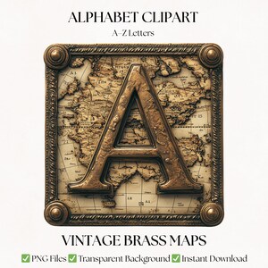 Vintage Map Clipart Alphabet Letters | PNG Brass Fonts | Travel Typography | Digital Download