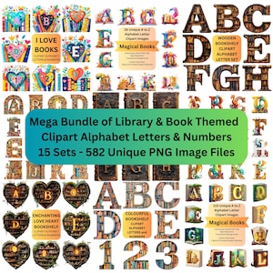 Bundle of Library and Book Themed PNG Clipart Alphabet Letters Numbers | Colorful Letter Fonts for Digital and Printable Alphabet Clip Art