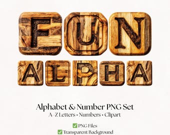 Rustic Alphabet Clipart Letters and Numbers | Wooden Board PNG Images | Digital Download
