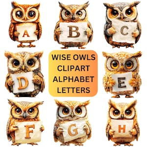 Letras del alfabeto de búho sabio (imágenes prediseñadas PNG): lindas imágenes prediseñadas de búhos de graduación y escolares, letras de animales y pájaros imprimibles y digitales, descarga instantánea