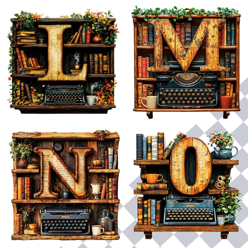 Book Clipart Alphabet Letters | Rustic Bookshelf PNG Images | Library ...