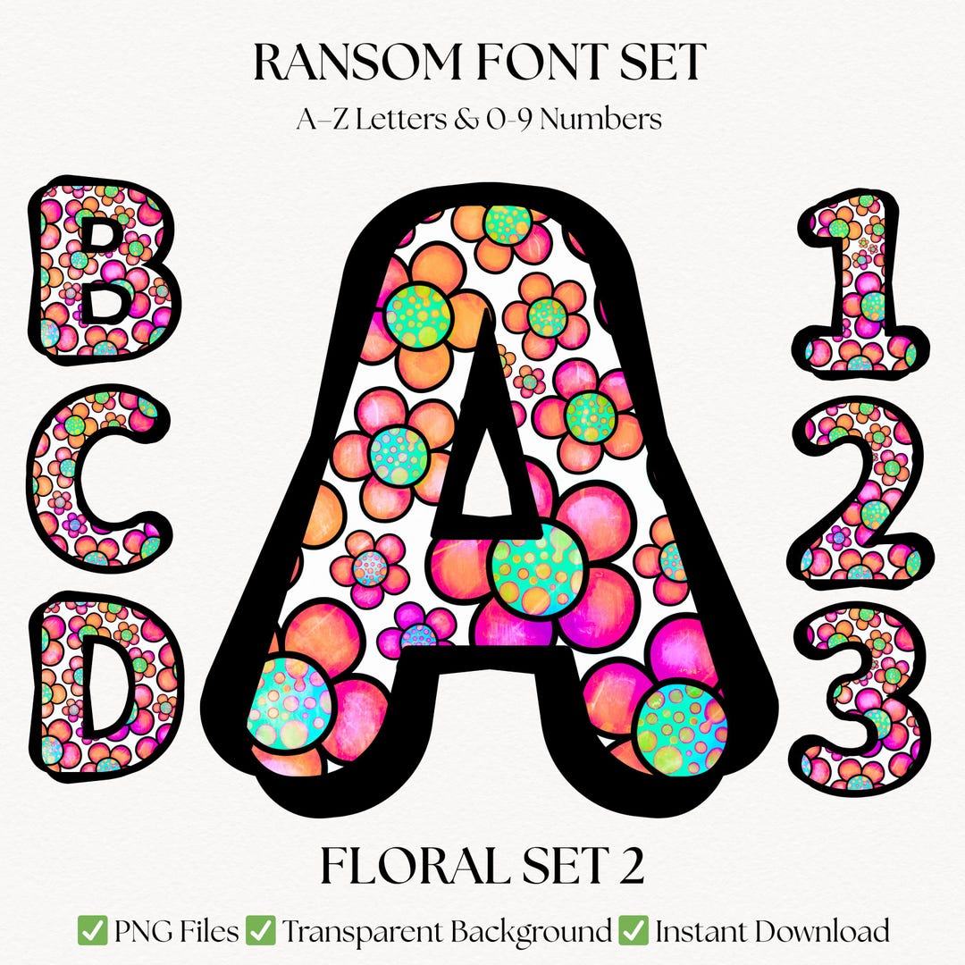 Floral Font Set | Retro PNG Clipart Letters & Numbers | Flower Alphabet ...