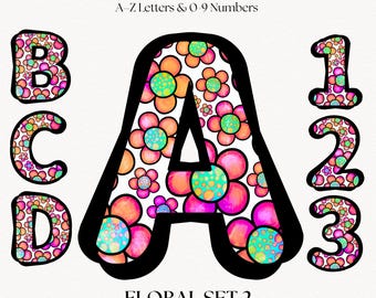 Floral Font Set | Retro PNG Clipart Letters & Numbers | Flower Alphabet Clipart | Ransom Style Monogram Initials