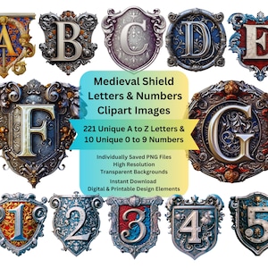 Medieval Clipart Alphabet Letters Numbers PNG Files for Shield Digital Download, Scrapbooking Ephemera, Junk Journal, Cricut DIY Arts Crafts