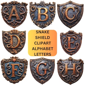 Fantasy Clipart Snake on Shield PNG Files, Animal Alphabet Letters, Cute Wildlife Reptile Design Elements, Snakes Shield Horror Clip Art Set