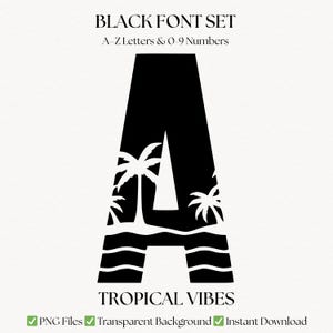 May include: Black font set featuring the letter "A" with a tropical beach scene. The image includes the text "BLACK FONT SET", "A-Z Letters & 0-9 Numbers", and "TROPICAL VIBES". The image also includes the text "PNG Files", "Transparent Background", and "Instant Download".